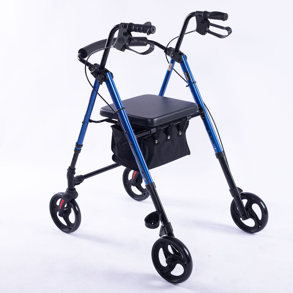 EQUIPMED 4 Wheel Lightweight Rollator Walker, Aluminium Frame, Seat, Carry Bag, for Seniors, Blue